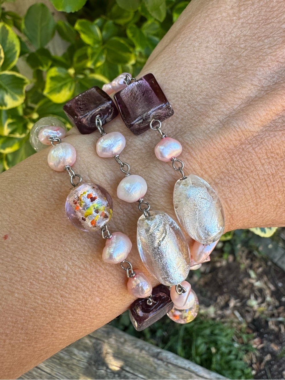 Pink Freshwater Pearl Foil and Purple Glass Bead Multi-Layer Bracelet 925 Clasp